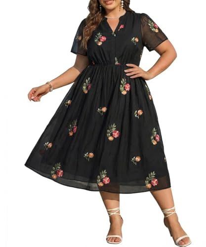 RITERA Women's Plus Size Black Floral Chiffon Midi Dresses, V Neck Short Sleeve Flowy A-Line Summer Dress with Pockets for Graduation Party Beach Vacation 3XL 22W 24W