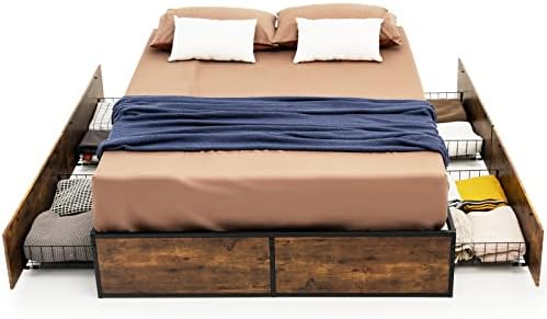 Multigot Wooden Bed Frame, Iron Storage Bed Base with 4 Rolling Drawers & Anti-friction Mute Bar, Double Rustic Roomy Platform Bed for Adults & Teenagers (190 x 135 x 33 cm)