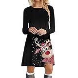 Generisch Weihnachtskleid Damen Langarm Pullover Kleid Elegant Weihnachts Rentier Druck Minikleid Autumn Winter Casual Rundhals Weihnachtsfeier Blusenkleid Weihnachtskostüm