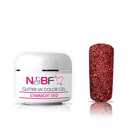 N&BF Glitter UV Gel 5ml mittelviskos Rot| Glittergel Made in EU | Glitzer Farbgel Red Starnight | Colorgel ohne Säure + selbstglättend | schimmernde Gelnägel | Nagelgel glitzernd