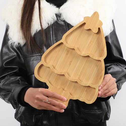 BAMOTTO Bamboo Serving Platter Tray Cheese Charcuterie Board, Cartoon Christmas Tree Shaped Children's Cute Dining Plate Snack Plate, Salad Plate for Christmas Thanksgiving, 13.5'x8.8'