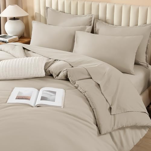Image of Litanika Comforter Full Size Sets Oatmeal - 7 Pieces Bed in a Bag Full Bedding Comforter Sets, Plain Lightweight Bed Set with Comforter, Sheets, Pillowcases & Shams