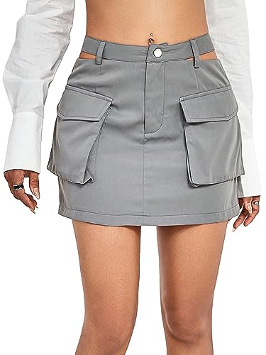 GORGLITTER Saia cargo feminina reta, bolso com aba, cintura recortada, zíper e zíper, Cinza, G