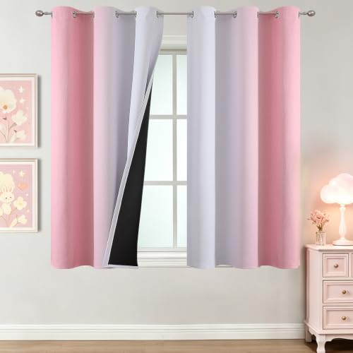 Image of Estelar Textiler Pink and Greyish White Ombre Blackout Curtains 45 Inch Long for Kids Bedroom, Room Darkening Thermal Insulated Grommet Gradient Window Drapes for Living Room /Nursery, 42Wx45L,2 Panels