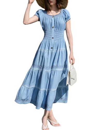 DREFBUFY Women's Casual Scoop Neck Short Sleeve High Waist Denim Ruffle A-line Cotton Lightweight Flowy Long Maxi Dress