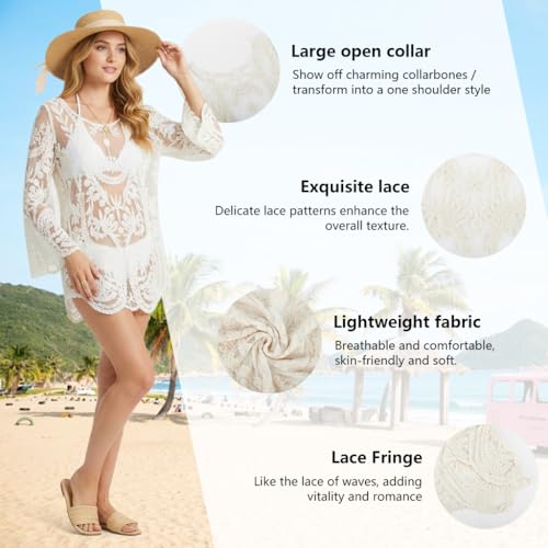 Image of SANNIDHI Women's Lace Beach Cover Up Embroidered Swimsuit Coverups Full Sleeve Boho Sheer Bathing Suit Swim Dress for Poolside, Seaside and Party
