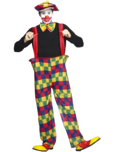 Smiffys Hooped Clown Costume for Adults Multi-Coloured Fancy Dress with Oversized Hooped Trousers Hat Bow Tie Classic Circus Carnival Clown Outfit for Parties Festivals Halloween Large