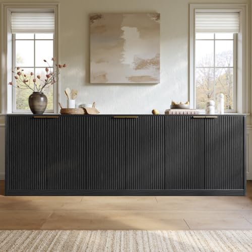 Image of Evermagin 94.5 inch Fluted Black Buffet Cabinet with Storage | Mid-century modern wood sideboard, large credenza with 6 doors for kitchen or living room, 94.5 inchW x 31.5 inchH x 15.7 inchD