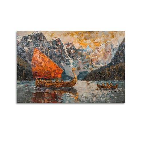 Majestic – Impression sur toile de peinture à l'huile pour salon, chambre à coucher, salle de bain, bureau – Motif bateau viking noir et rouge – 30 x...