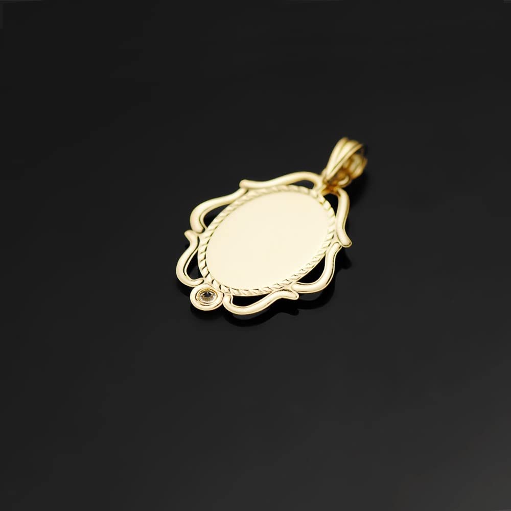Virgen Niña medalla oro 18k Primera Comunión colgante 24mm. ovalada detalles calados circonita