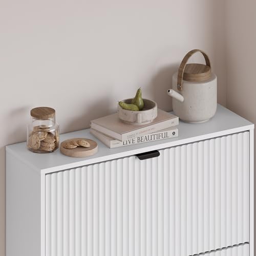 Image of BORNOON Entryway Shoe Cabinet with 3 Flip Drawers, Narrow Shoe Organizer Cabinet with Fluted Panel and Adjustable Shelves for Foyer, Hallway