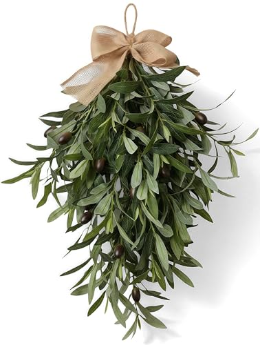 2026 Summer Olive Branch Teardrop Swag 24 Inch Extra Full & Thick Faux Greenery with Upgraded Ribbon & Textured Leaves Sturdy Farmhouse Hanging Wreath for Door Wedding Arch Kitchen (Green 1Pcs)