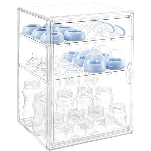 Image of keyunchengbao Baby Bottle Organizer, 3 Tiers Adjustable Clear Acrylic Baby Bottle Storage Organizer with 3 Removable Dividers and Magnetic Door, Suitable for Countertop and Kitchen