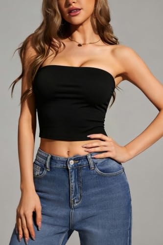 Image of 4-Pack Women's Strapless Tube Tops, Slim Fit Bandeau Crop Shirts | Soft Knit Backless Basic Shirt, Sleeveless Bodycon Fashion, Y2K Going Out Look, Summer Layering, Beach, Party & Daily Fit