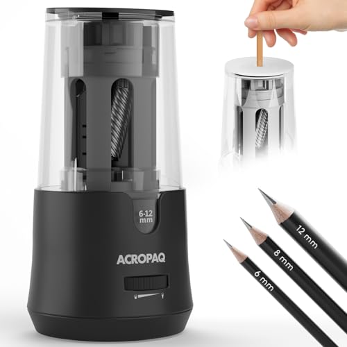 ACROPAQ Sacapuntas eléctrico niños - Para lápices de 6-12 mm, Punta afilada y roma, Punta fina en 3-5 segundos, Negro - Sacapuntas con deposito, Sacapuntas eléctrico
