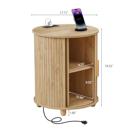 Image of 18 Inch Mid-Century Fluted Nightstand Set of 2, Farmhouse Round End Table with Charging Station & Sliding Door, Bohemia Wooden Bedside Table with Storage for Living Room, Bedroom (18 inch, Natural)