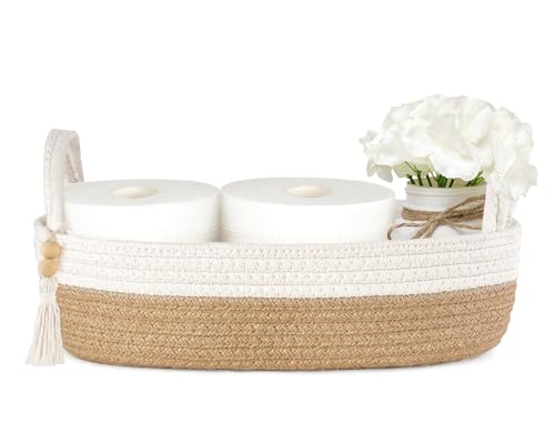Mkono Kleiner Aufbewahrungskorb für WC, Tanktop, Boho-Badezimmer-Dekor, gewebtes Seil, Toilettenpapierablage, Organizer für Regal, Schlafzimmer, Wohnzimmer, Braun und Weiß, 1 Stück, 33 cm L x 15,2 cm