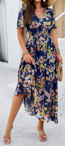 Image of Sister Amy Women's Boho Floral Print Square Neck Beach Party Flowy Ruffle Midi Dress