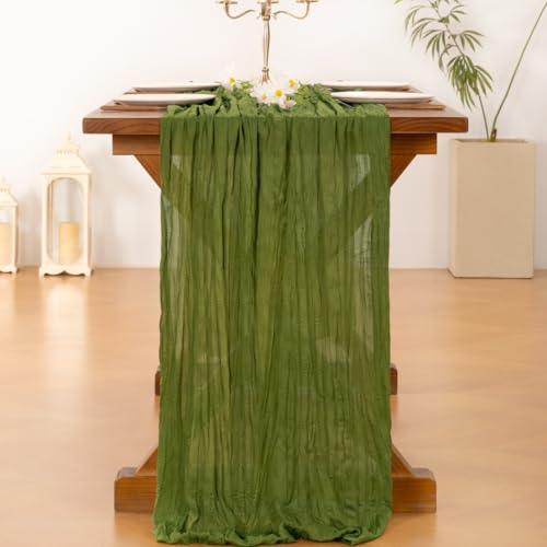 Image of Socomi 2pcs Campsite Green Easter Spring Cheesecloth Table Runner Boho Rustic Gauze 120 inch 10FT Cheese Cloth Runner for Wedding Party Baby Shower Birthday Home Decor Holiday Decorations