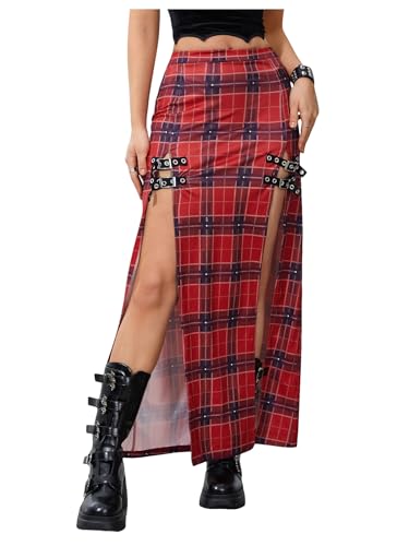 WDIRARA Women's Buckle Double Split Thigh High Punk Goth Maxi Skirt Y2K Clubwear