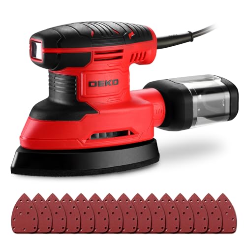 DEKOPRO Lijadora Electrica de 180W, Herramienta de Lijadora Orbital, 13000 RPM, con 15 Hojas de Papel de Lija - Lijado y Pulido de la Eliminación de la Madera, Rojo