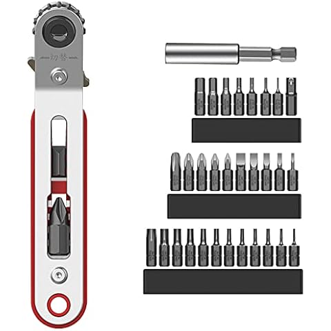 Toolcool Mini Ratchet Screwdriver Set Magnetic Offset Screwdriver 1/4 Inch Hex Screwdriver Bit Drive Ratchet Wrench with 30 pcs Hex Phillips Slotted Torx ADP Bit Cover