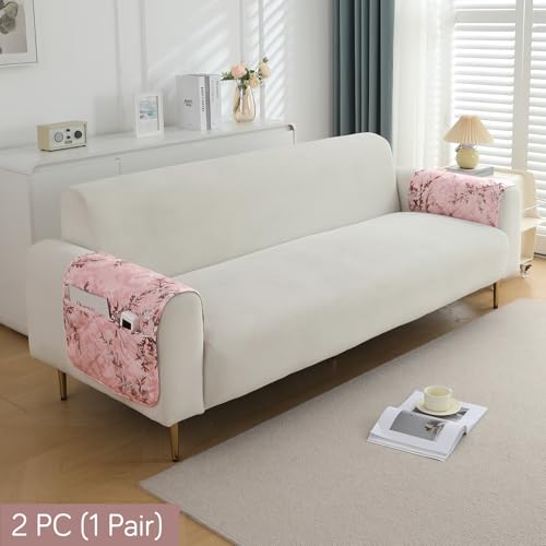 Image of HOKIPO Printed Waterproof + Anti-Slip + Quick Dry Sofa Armrest Cover with Pockets (2Pcs), Blossom Flower Pink (AR-5237-P5-L*2)