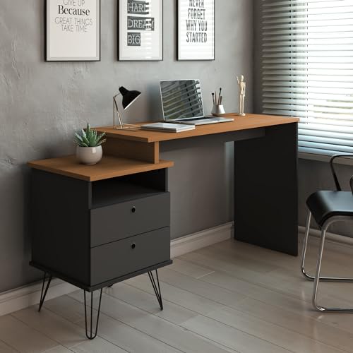 Escrivaninha Industrial com Regulagem de Tamanho, Pés de Metal, 2 Gavetas - Plus Artany - Preto com Freijó