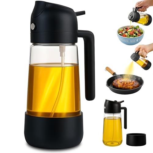 Vitachy Aceitera 2 en 1 con Pulverizador y Dispensador de Vidrio 470ml - Spray Aceite Cocina para Freidora de Aire con Base de Silicona Antideslizante y Antigolpes - Vinagrera Antigoteo y Rellenable