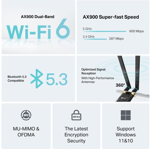 TP-Link Archer TX10E PCIe Adaptateur WiFi 6 AX900 Mbps, Carte réseau pour PC Fixe avec Bluetooth 5.3, MU-MIMO, OFDMA, WPA3, Double antenne, Prend en Charge Windows 10/11 - 3
