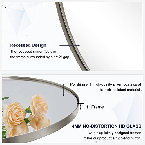 Image of ANDY STAR Nickel Round Mirror, 26 inch Brushed Nickel Round Mirror, Sliver Circle Bathroom Mirrors in Stainless Steel Metal Frame 1 inch Deep