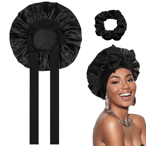 mobumeia Bonnet Cheveux Nuit Reglable, Double Couche avec Doublure en Satin, Bonnet de Satin, de Nuit, pour Cheveux bouclés, Adapté au Sommeil, Protection des (Noir, Taille Unique)