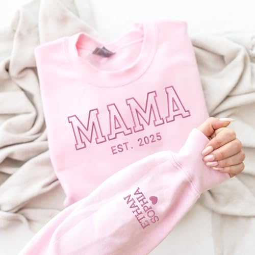 NAZENTI Personalized Embroidered Mama Sweatshirt with Kid Names On Sleeve, Mama Sweatshirt for Women, Custom Gifts for Mom, Grandma, Birthday, Mothers Day, Christmas, New Mom Gifts, 1st Grandma Gift