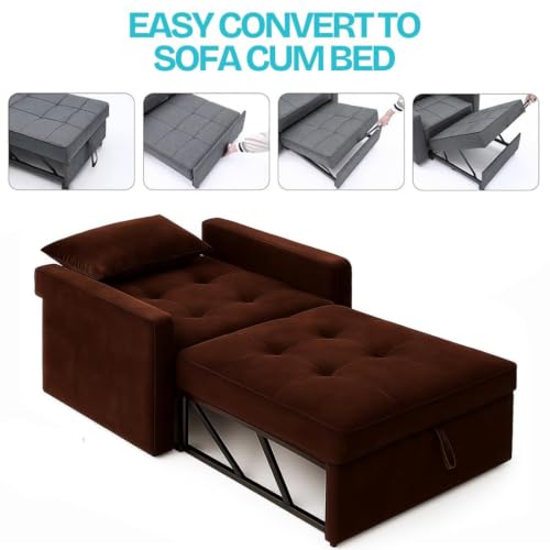 Image of FURNY Tressa 1 Seater Fabric Pull-Out Sofa Cum Bed (Dark Brown) - Premium Velvet Finish - Durable Comfort - Ideal for Living Room, Bedroom