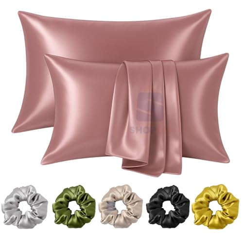 Image of Satin Pillow Covers for Hair and Skin Set of 2 with 5 Scrunchies I Satin Pillow case I Silk Pillow Cover I Silk Pillow case I Women Gift Items (Pink Rose)