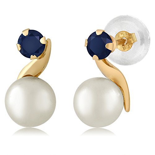 Gem Stone King 14K Yellow Gold 5MM Cultured Freshwater and 3MM Round Gemstone Birthstone Pearl Earrings | Gold Earrings For Women