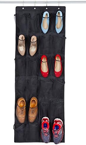 Bilpa Shoe Organizer, Over The Door Hanging Closet Rack | 24 Large Mesh Pockets Fit Up to Size 14 | Strong Metal Hooks | Sturdy Black Fabric Holder| Perfect Storage for Trainers, Boots, Sandals