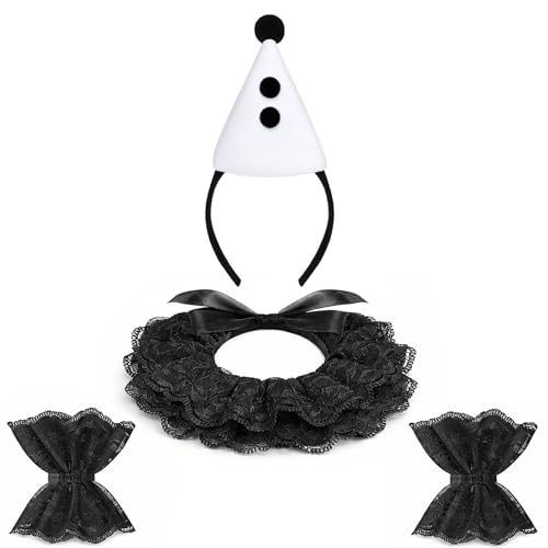 Lrvcnva Clown Collar Headband Cuffs Set Clown Costume Accessories with Jester Hat Ruffle Collar and Lace Wrist Cuffs Black
