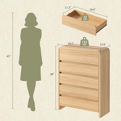Image of 5 Drawer Dresser for Bedroom, 50 inch Tall Modern Chest of Drawers with Rounded Corners & Anti-Tip Kit, Wood Dresser Storage, Cabinet Organizer with Drawer Slides for Closet, Nursery, Apartment, Light Oak
