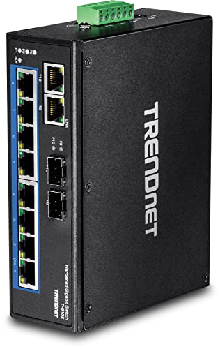 Image of TRENDnet 10-Port Hardened Industrial Gigabit DIN-Rail Switch, 20Gbps Switching Capacity, DIN-Rail and Wall Mounts Included, Dual Redundant, Two RJ-45 /SFP Ports, Lifetime Protection, Black, TI-G102