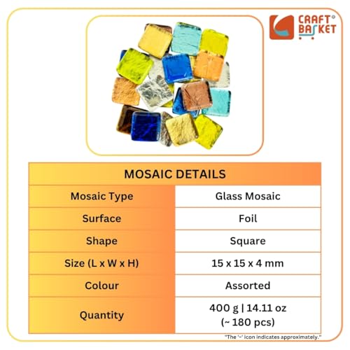 Image of Assorted Colours Glass Mosaic Tiles (20 Variations) (All Packs: 100 g,200 g,400 g,1 kg), DIY Mosaic Art, Decoration, Crystal Glass Mosaic Tiles (Foil Square 15 x 15 mm), 400 G