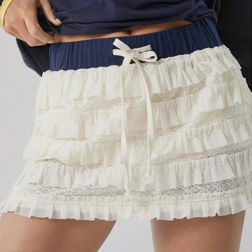 Women's Fashion Y2K Lace Mini Skirts Solid Color Lace Layered Ruffle Flowy Short Skirts Summer Casual Skirts3