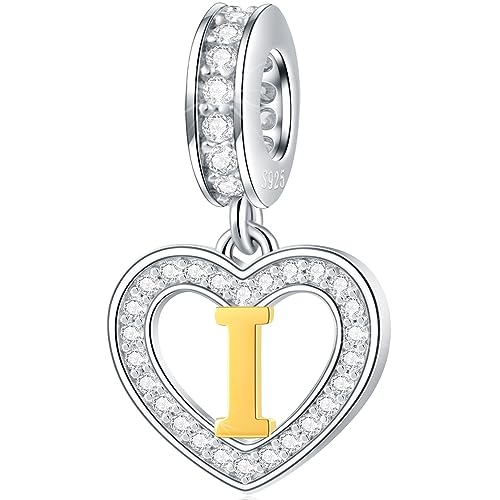 Image of GLOWDAS 18K Gold Plated Letter Charms Initial A to Z Necklace Pendant, 925 Sterling Silver CZ Heart Dangle Alphabet Beads fit European DIY Bracelet, Gifts for Valentiens /Christmas /Family