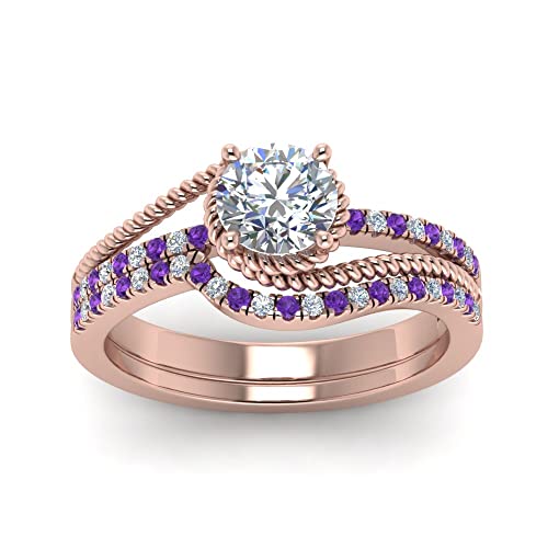 Image of Choose Your Gemstone Rope Split Shank Wedding Ring Set Rose Gold Plated Round Shape Wedding Ring Sets Everyday Jewelry Wedding Jewelry Handmade Gifts for Wife US Size 4 to 12