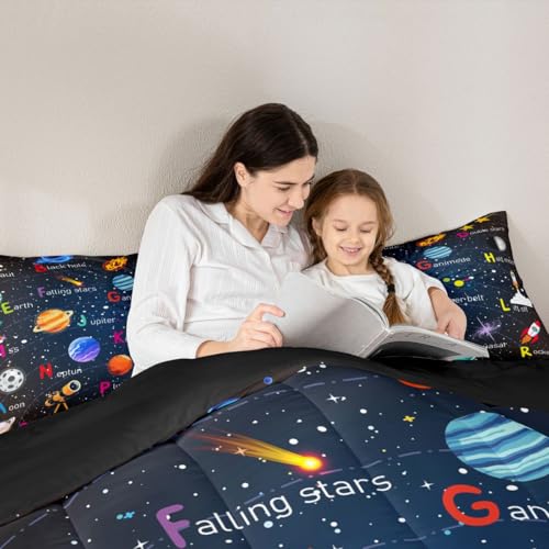 Image of Feelyou Alphabet Outer Space Astronaut Bedding Set Full Size, ABC Planet Comforter Set Kids Toddler Galaxy Comforter ABC Alphabet Learning Duvet Set Durable Bed Set 3Pcs