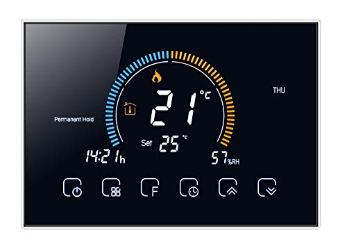 Qiumi Thermostat Wifi intelligent Affichage météo, indice UV, humidité, pour le chauffage individuel de chaudière à gaz / eau Compatible avec Alexa Google Home, contact sec, 5A 95 ~ 240V AC (mural)