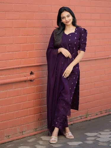 Image of ANNI Designer Women's Purple Printed Kurta Set | Pure Viscose 3 Piece Ethnic Suit Set with Pant & Dupatta | Festive for Women | Cotton Kurta Sets for Woman