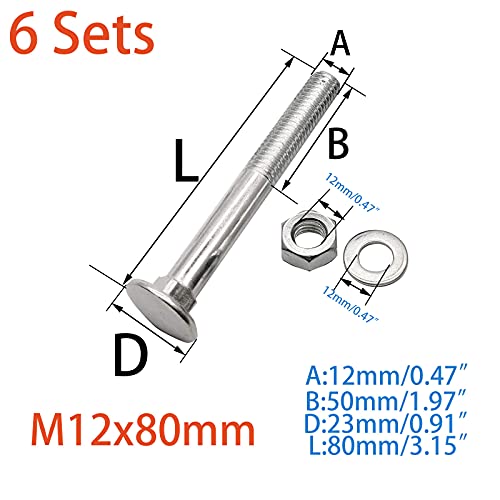 Image of 6 Sets Long Square-Neck Carriage Bolts Set,Carriage Bolts Set w /Nuts & Flat Washers,Zinc-Plated,Carbon Steel Grade 4.8,Plain Finish,Partial Threaded(M12-1.75X80mm)