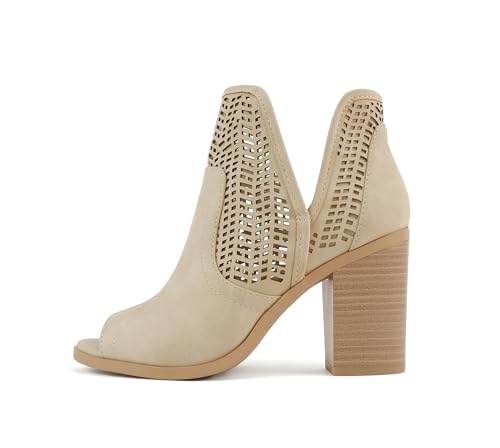 Soda Cathy ~ Women Peep Toe Closed-Back Geometric Cut High Heel Ankle Boots (Taupe Nubuck, 5.5)