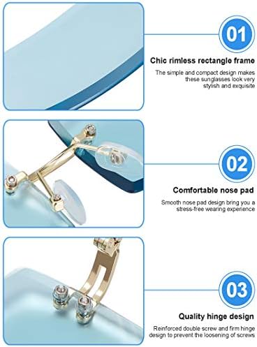 3 Pairs Rimless Rectangle Sunglasses Tinted Frameless Eyewear Vintage Transparent Y2K Glasses for Women Men (Grey, Tea and Blue)
